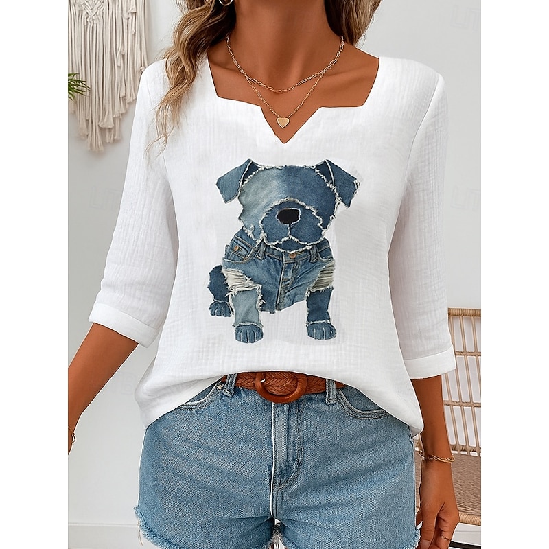 Women's Cotton Linen Shirts Graphic Animal Vintage Tropical Stylish 3/4 Length Sleeve Asymmetrical Regular Tops Daily Holiday White Blue Summer Spring2