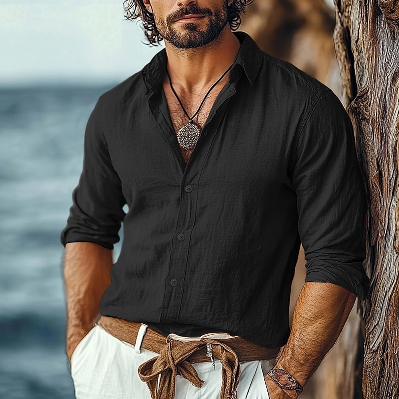 Men's Shirt Linen Shirt Summer Shirt Beach Wear Button Up Shirt Plain Vacation Casual Black White Khaki Gray Long Sleeve Turndown Summer Spring Clothing Apparel