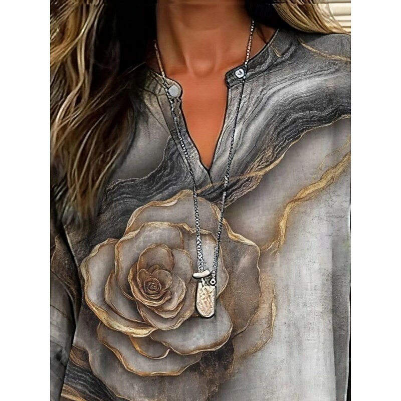 Women's Shirt Marble Rose Vintage Daily Casual Long Sleeve V Neck Regular Tops Daily Holiday Buttons Print Gray Spring Fall3