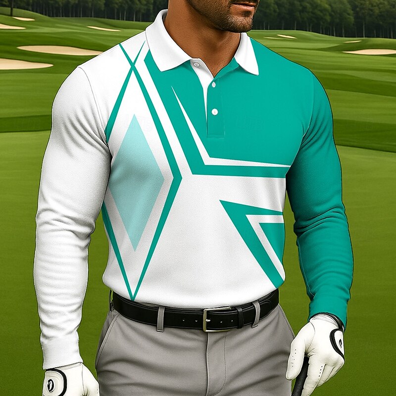 Men's Color Block Geometic Polo Long Sleeve Polo Shirts Collared Shirts Sportswear Casual Athleisure 3D Print Spring Fall Lake blue Black Blue4