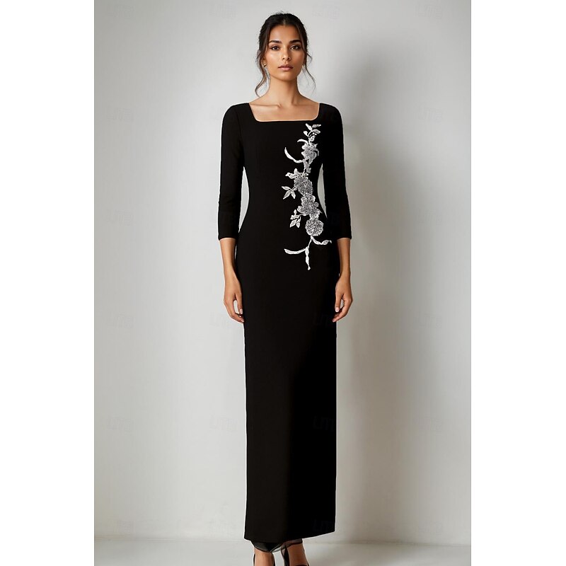 Black and White Sheath / Column Evening Gown Elegant Dress Formal Wedding Floor Length 3/4 Length Sleeve Square Neck Stretch Crepe with Floral Beaded Lace