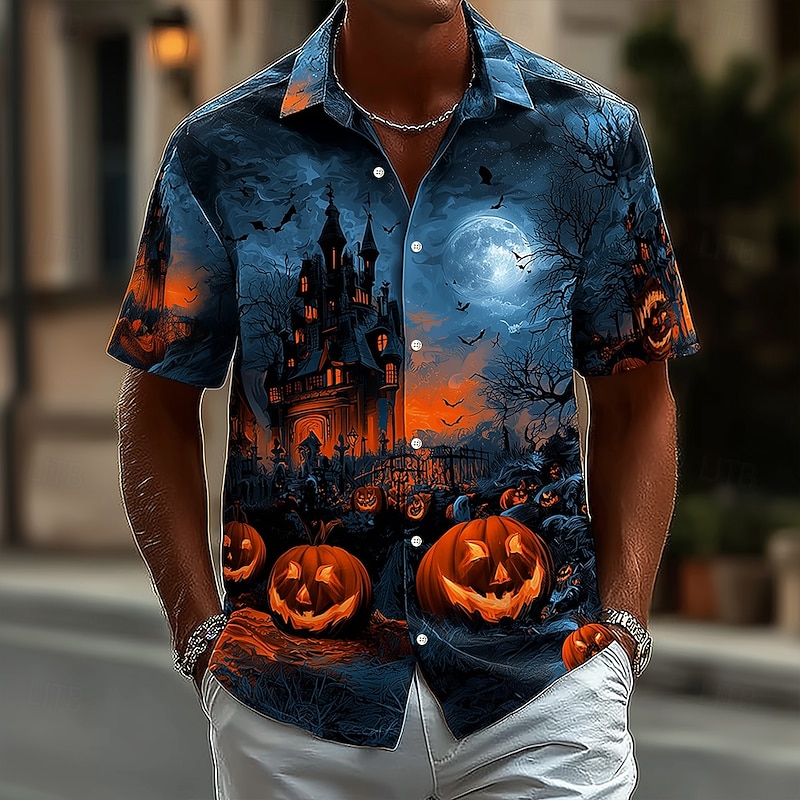 Halloween Men's Pumpkin Haunted House Halloween Costumes Shirt Button Up Shirt Short Sleeve Dark Punk Gothic Style Holiday Streetwear Summer Spring Turndown 3D Print Collared Shirts Blue Dark Blue