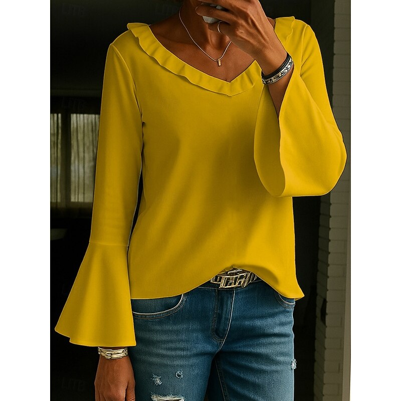 Women's Blouse Plain Stylish Modern Long Sleeve V Neck Regular Tops Daily Holiday Ruffle White Yellow Light Green Pink Summer Spring Fall4