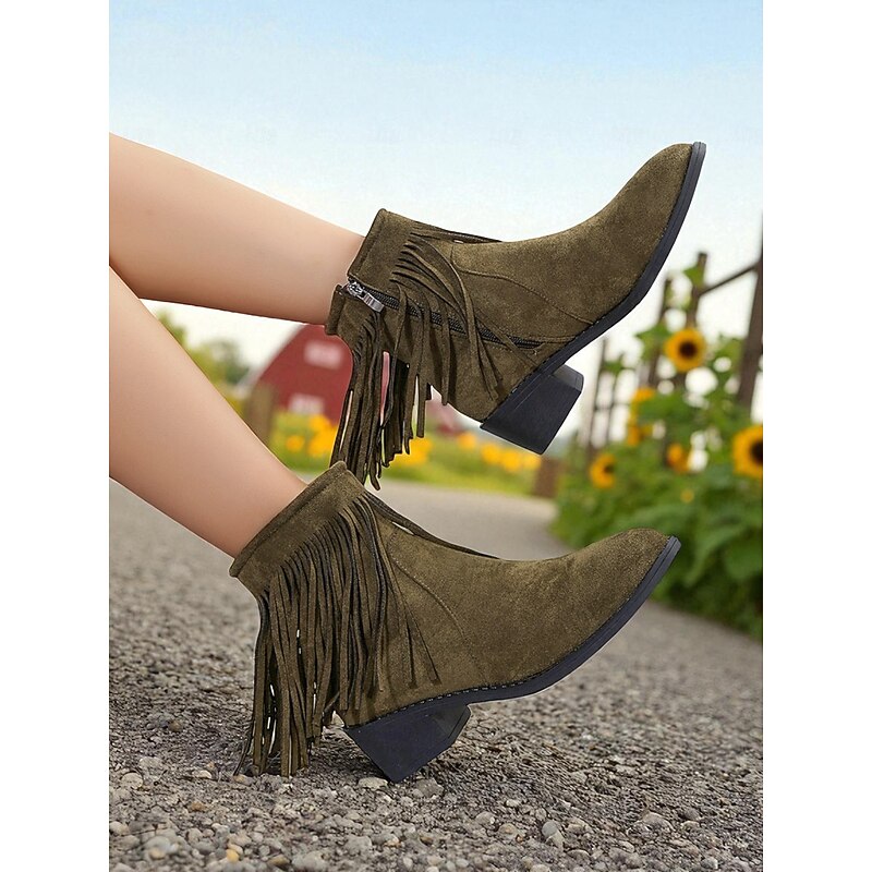 Women's Faux Suede Fringe Ankle Boots – Western Style Low Heel Short Boots for Autumn Outfits, Casual Streetwear and Outdoor Events2