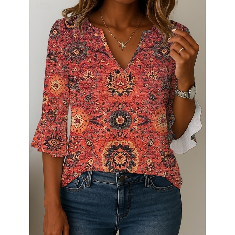 Women's Blouse Floral Graphic Retro Vintage Ethnic 3/4 Length Sleeve V Neck Regular Tops Daily Holiday Print Red Blue Brown Khaki Summer Spring Fall4