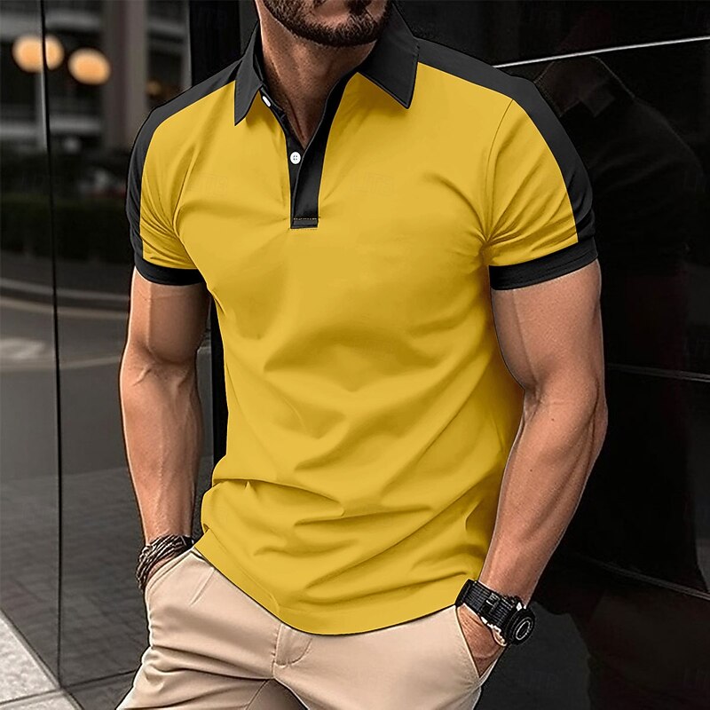 Men's Golf Shirt Business Casual Turndown Short Sleeve Fashion Solid Color Buttons Summer Orange red rice white Red Navy Blue Sky Blue Gold Golf Shirt4