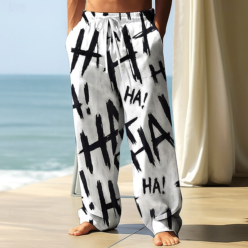 Men's Trousers Baggy Pants Casual Pants Elastic Drawstring Waist Linen-Like Pants with Pockets Letter Print Full Length Outdoor Vacation Daily Streetwear Black White Inelastic