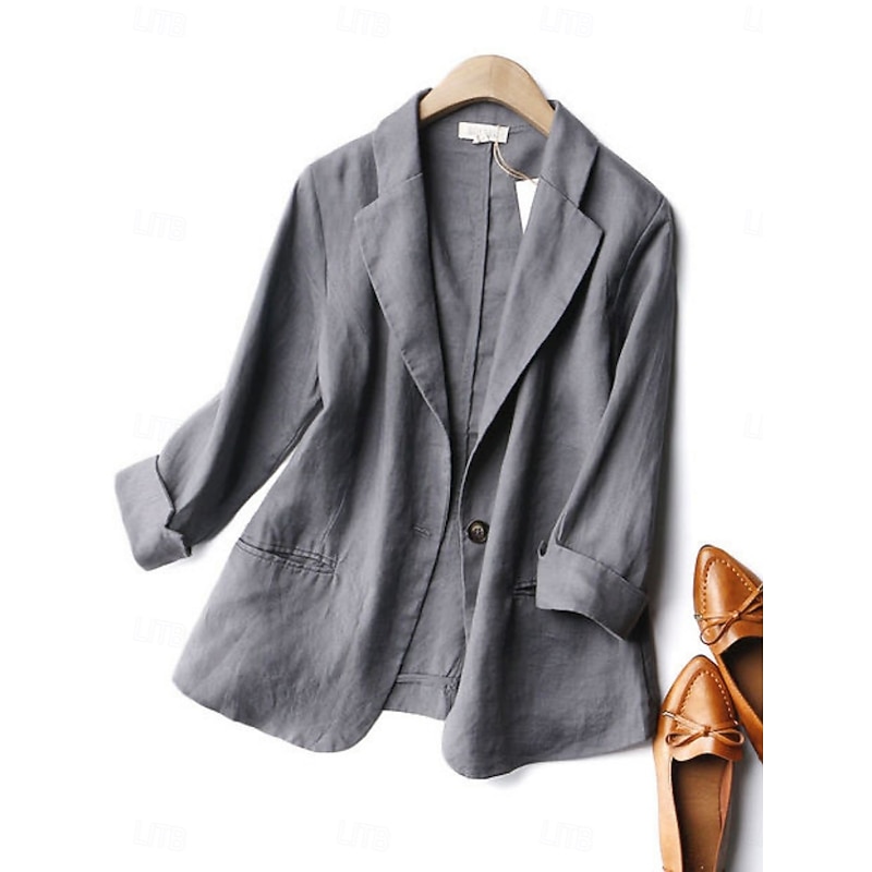 Women's Blazer Comfortable Breathable Pocket Casual Plain Office Street Casual Daily Wear Single Breasted Regular Turndown Regular Fit Long Sleeve Outerwear Blue Beige Gray Summer Spring3