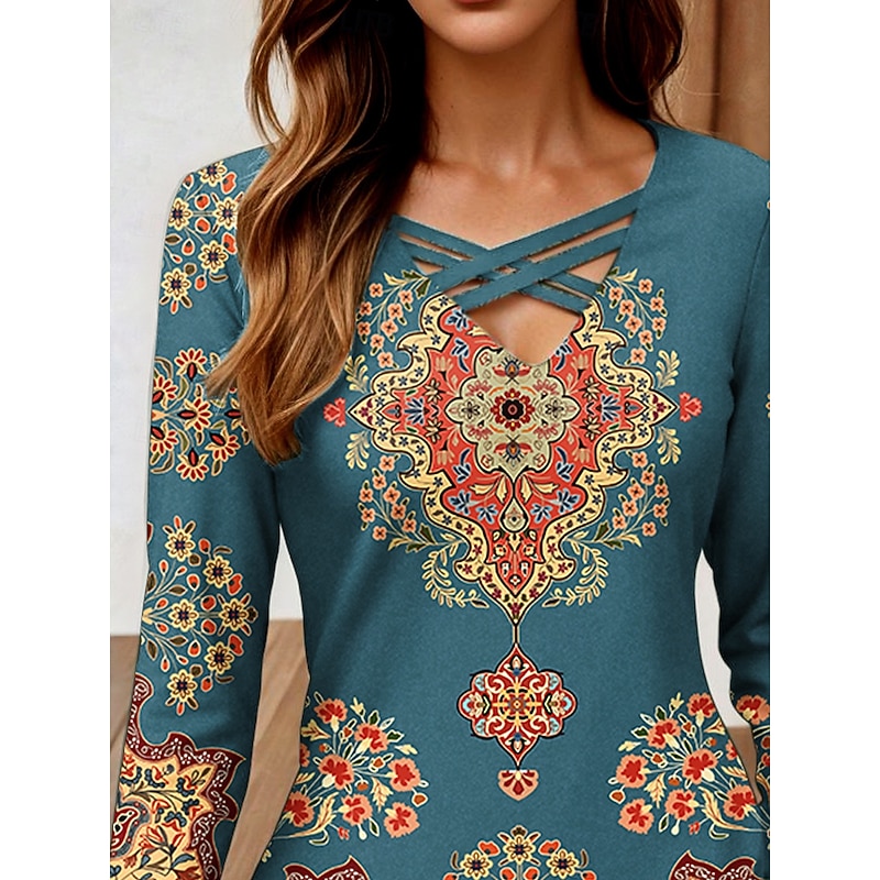 Women's T Shirt Graphic Geometric Paisley Vintage Stylish Classic Long Sleeve V Neck Regular Tops Daily Cut Out Print Dusty Blue Spring Fall2