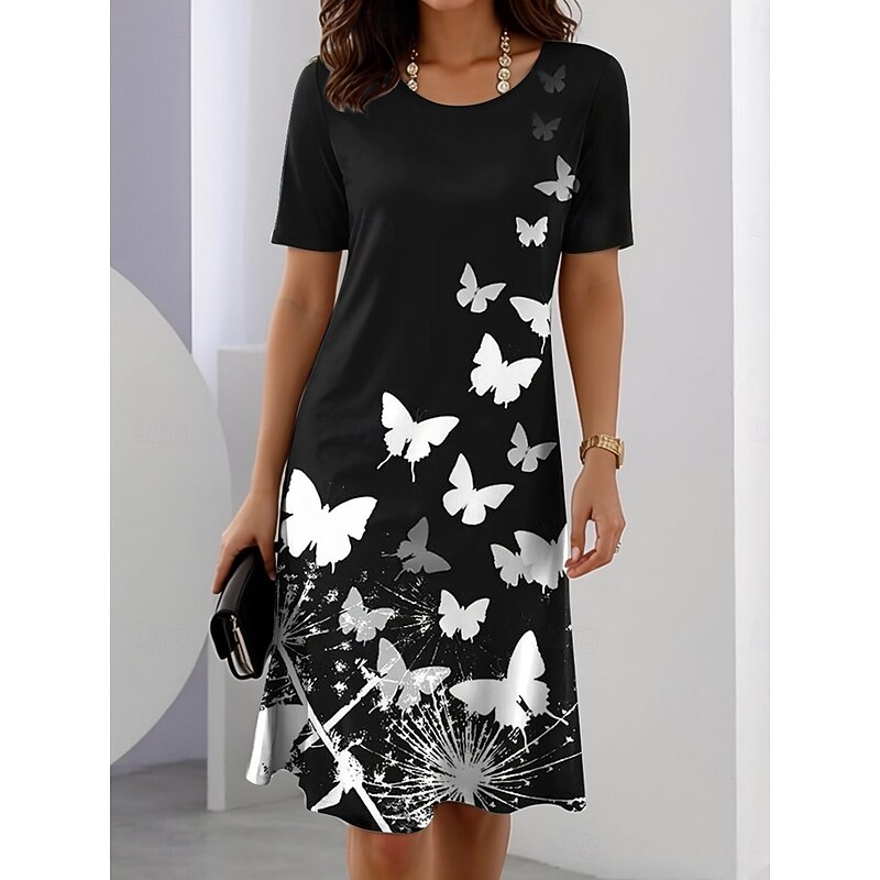 Women's Elegant Party Evening Midi Dress Crew Neck Short Sleeve Shift Dress Summer Dress Casual Daily Regular Fit Graphic Tribal Crewneck Black Pink Red Summer Spring3