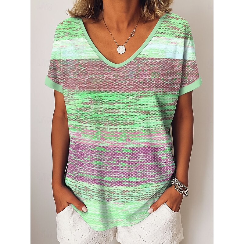 Women's T Shirt Graphic Geometric Striped Vintage Casual Short Sleeve V Neck Regular Tops Daily Weekend Vacation Wear Print Pink Blue Purple Green Summer Spring3