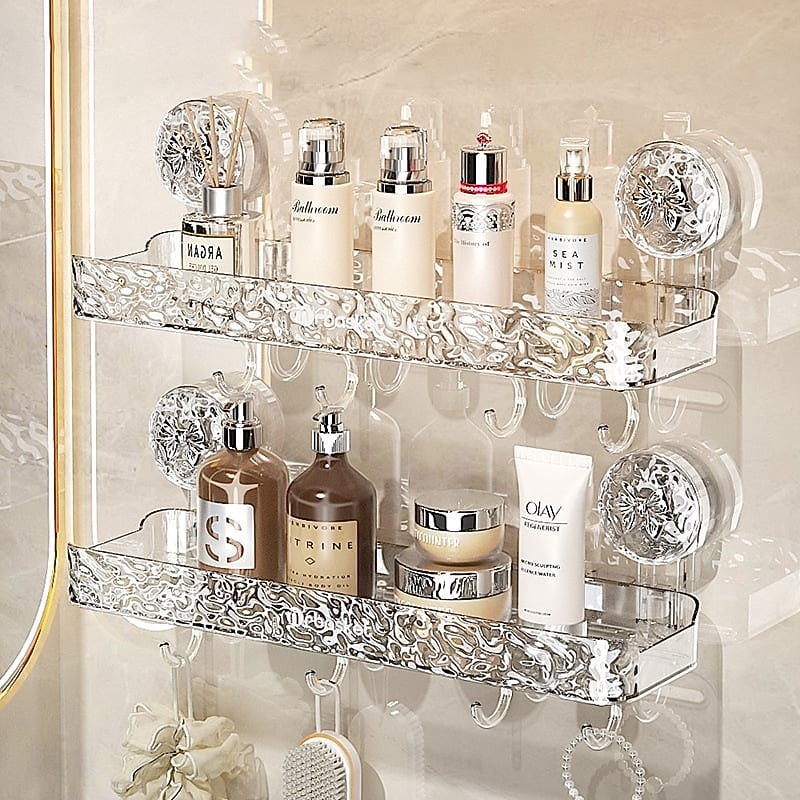 Light Luxury Style Punch-Free Storage Rack Suction Cup Corner Shelf Bathroom Triangle Organizer Wall Mounted No Drilling Washstand Rack for Toiletries and Essentials