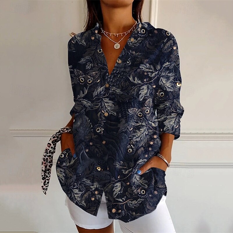Women's Shirt Animal Print Vintage Stylish Long Sleeve V Neck Regular Tops Daily Holiday Going out Buttons Print Navy Blue Summer