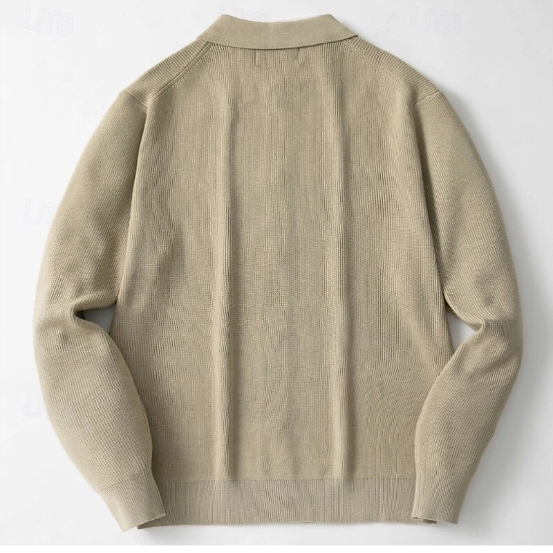 Men's Sweater Cardigan Sweater Ribbed Knit Regular Tops Knitted Plain Fold-over Collar Vacation Fashion Casual Daily Wear Clothing Apparel Spring &  Fall khaki M L XL2