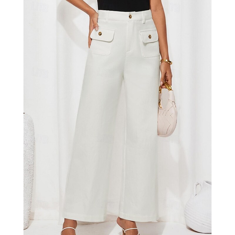 Women's Wide Leg Slacks Streetwear Casual Full Length Natural Plain Pocket Elastic Waist Comfy Vacation Going out Navy Light Sky Blue Navy Black Fall Regular Fit4