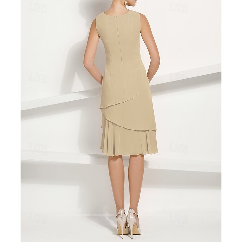 Two Piece Jacket Dress A-Line Mother of the Bride Dress Elegant Simple Luxurious Scoop Neck Knee Length Chiffon Sleeveless Long Sleeve with Cascading Ruffles3