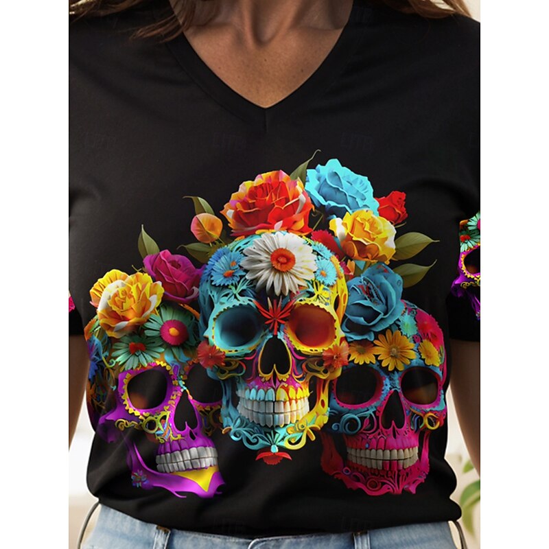 Halloween Women's T Shirt Skulls Floral Graphic Vintage Stylish Classic Short Sleeve V Neck Regular Tops Daily Print Black Orange Gray Summer Spring3