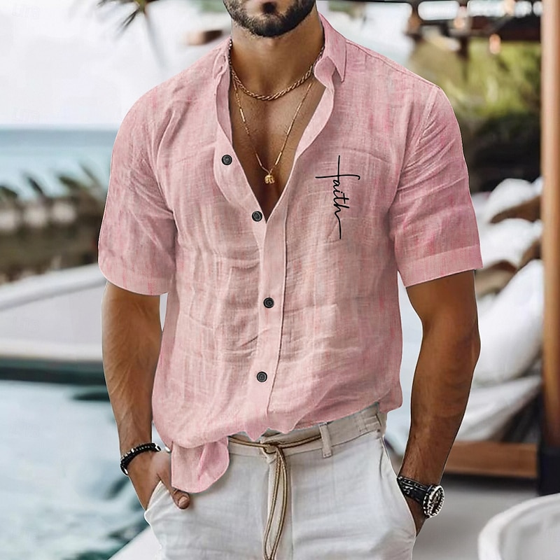 Men's Linen Shirt Casual Shirt Cotton Linen Shirt Button Up Shirt Faith Vacation Daily Wear Black White Light Green Pink Short Sleeve Lapel All Seasons Clothing Apparel Buckle3
