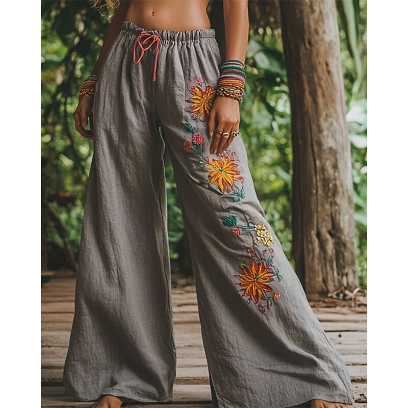 Women's Wide Leg Pants Trousers Palazzo Pants Casual Boho Full Length High Waist Flower Elastic Waist Drawstring Print Breathability Comfortable Street Daily Wear Going out Gray Spring Fall Regular
