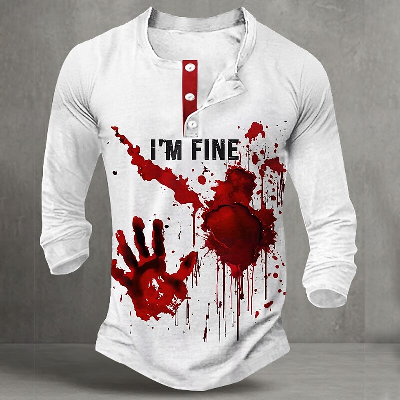 Men's Halloween Blood Splatter Funny Blood stains Henley Shirt Long Sleeve Fashion Cute Daily Casual Holiday Going out Spring &  Fall All Seasons White Henley Henley T-Shirt