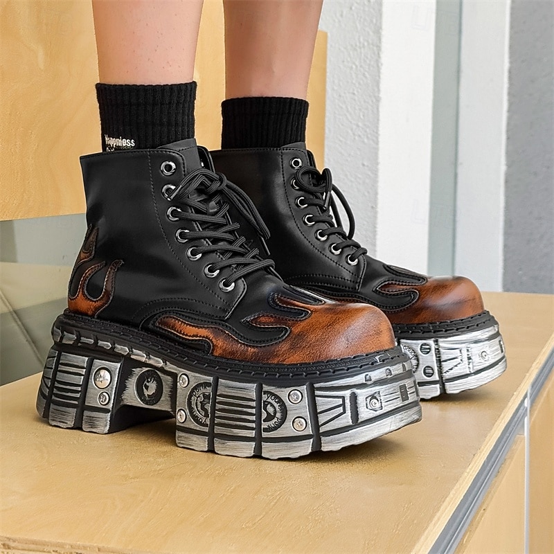 Men's Gothic Flame Platform Combat Boots – Steampunk Chunky Sole Lace-Up Ankle Boots for Punk Rock Parties & Cosplay3