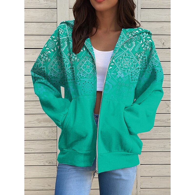 Women's Hooded Sweatshirt Jacket Long Sleeve Zip Up Hoodie With Pocket Lightweight Casual Micro-elastic Graphic Geometric Active Front Pocket Light Green Red Blue Purple Green Spring Fall2
