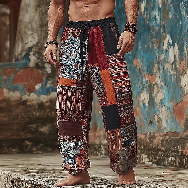 Men's Color Block Patchwork Ethic / African Trousers Baggy Pants Casual Pants Mid Waist Vintage Retro Outdoor Vacation Elastic Drawstring Waist Linen-Like Pants with Pockets Summer Spring 3D Print