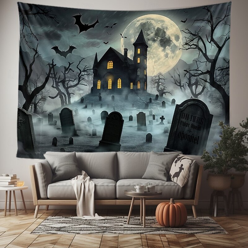 Halloween Haunted Graveyard Wall Tapestry – Full Moon with Flying Bats, Spooky Trees, Gothic Backdrop for 2025 Halloween Bedroom, Living Room, Horror Party Decoration3