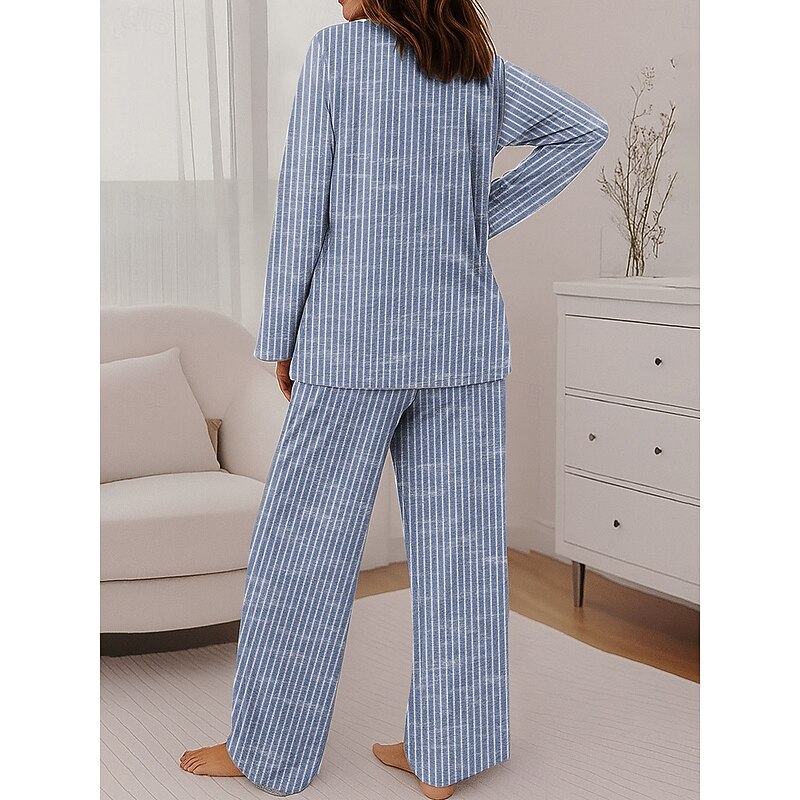 Women's Fashion T Shirt Pants Sets Long Sleeve Crew Neck Round Neck Graphic Striped Print Casual Daily Blue Purple Green Spring Regular Fit2