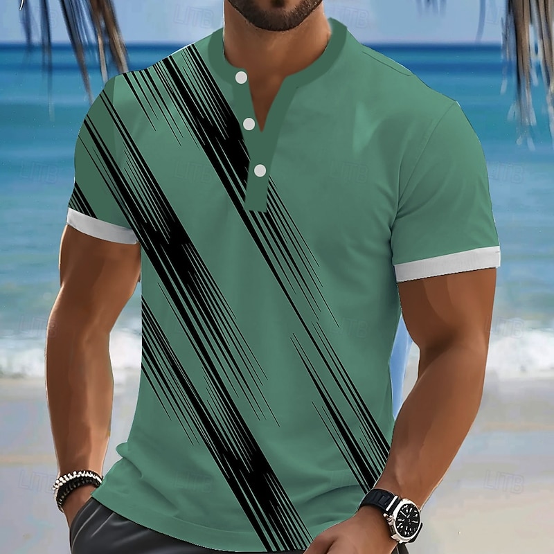 Men's Striped T Shirt Henley Shirt Short Sleeve Designer Retro Vintage Graphic Street Casual Daily Summer Spring Pink White Green Blue Henley Henley T-Shirt2