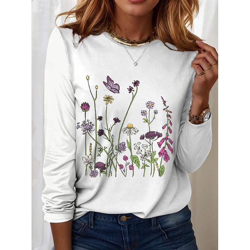 Easter Women's T shirt Long Sleeve Crew Neck Long Sleeve Tunic Floral Graphic Plants Vintage Stylish Classic Round Neck Regular Tops Daily Print Black White Pink Purple Green Fall Prefall