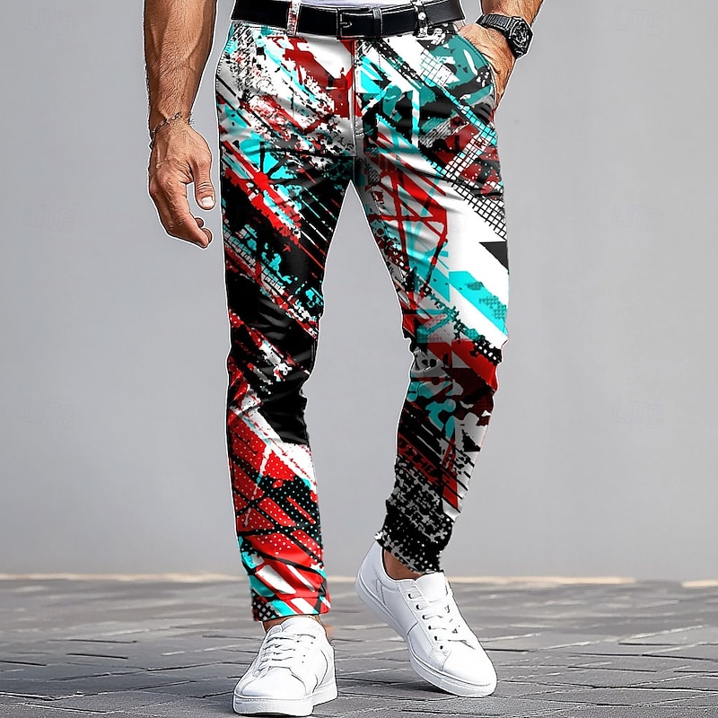 Men's Dress Pants Trousers Suit Pants Slim Fit Pants with Pockets Geometric Abstract Art Full Length Outdoor Casual Red Blue Micro-elastic