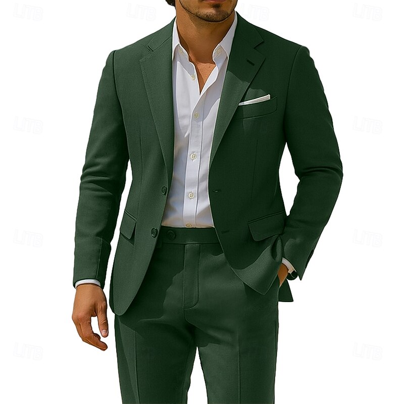 Men's Wedding Party Linen Suits Notch Lapel Green Fashion Business Solid Colored Slim Fit 2 Piece Single Breasted Two-buttons2