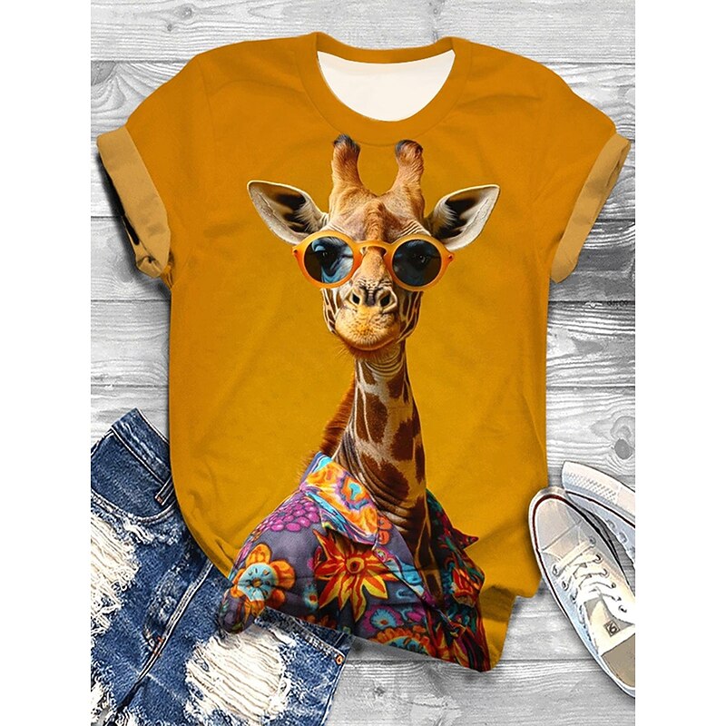 Women's T Shirt Ombre Graphic Animal Vintage Casual Short Sleeve Crew Neck Regular Tops Daily Weekend Print Pink Blue Sky Blue Orange Khaki Summer Spring2