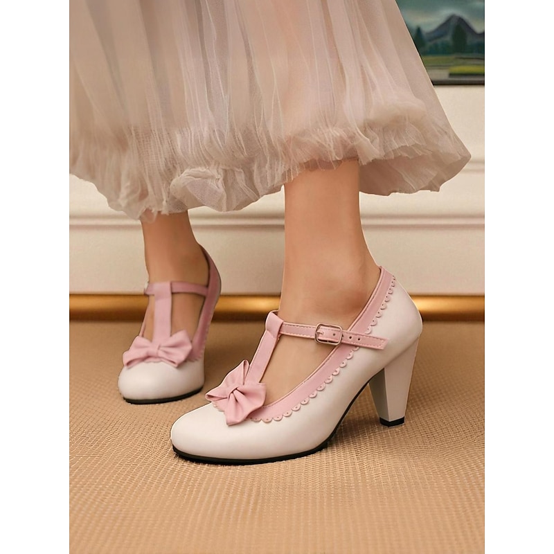 Women's 1950s Vintage Pink Bow T-Strap Mary Jane Heels – Cute Lolita Style Round Toe Pumps for Tea Parties, Cosplay, and Special Occasions2