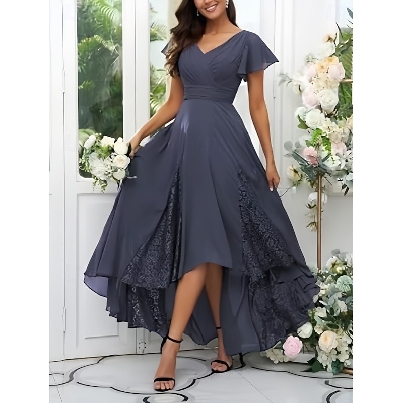 A-Line Wedding Guest Dresses Elegant Formal Dress Wedding Guest Engagement Asymmetrical Short Sleeve V Neck Chiffon with Criss Cross Ruched 2025