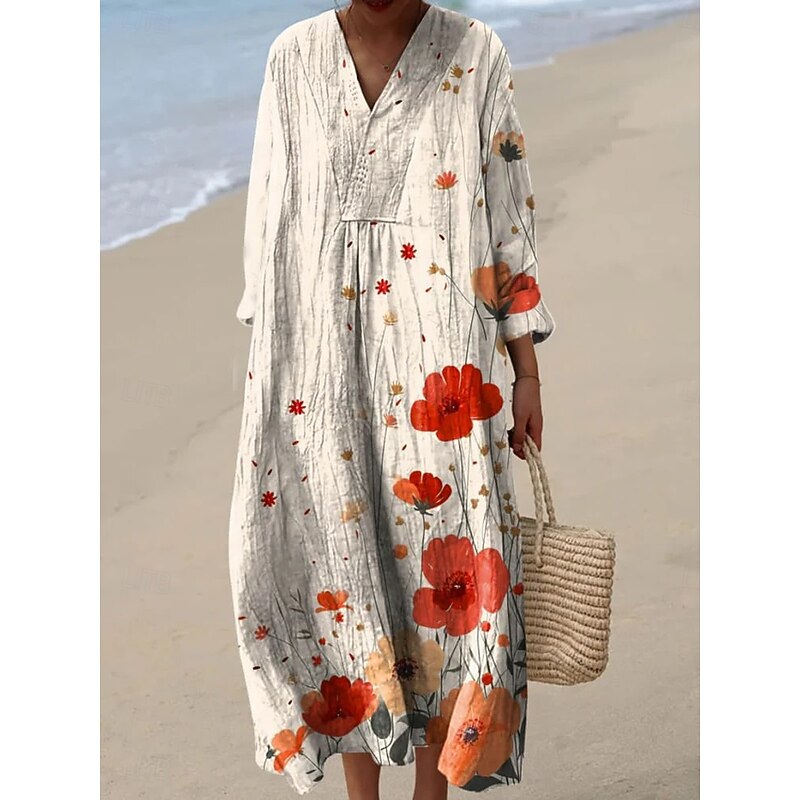 Women's Midi Dress V Neck Long Sleeve Kaftan Lightweight Loose Fit A Line Dress Casual Boho Going out Floral Graphic Long Sleeve V Neck White Pink Orange off-white Fall3