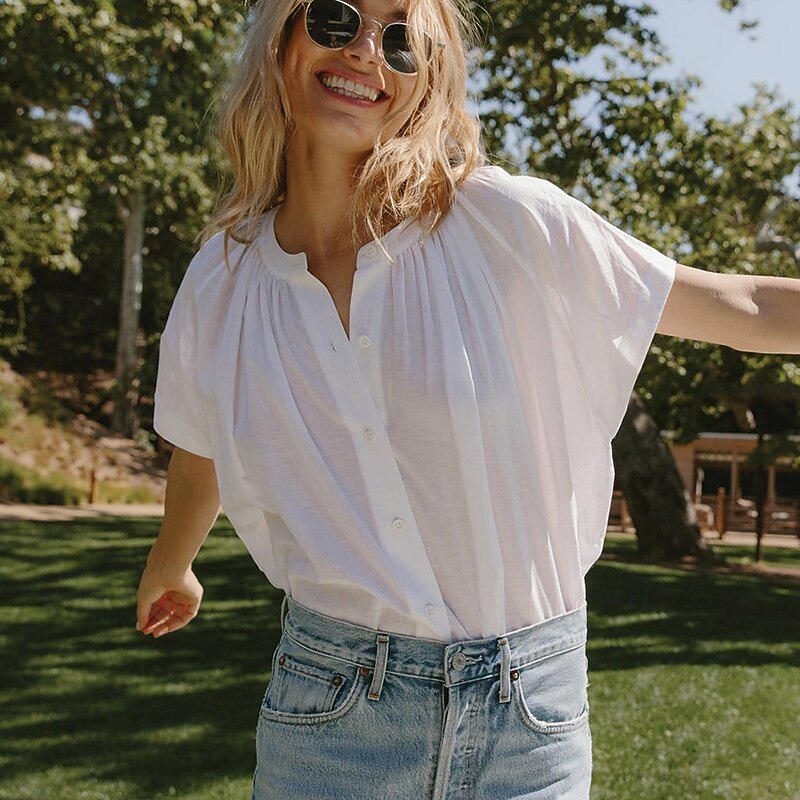 Women's 100% Cotton Shirt Plain Elegant Vintage Cute Short Sleeve Batwing Sleeve Crew Neck Regular Tops Work Daily Holiday Ruched White Pink Summer Spring