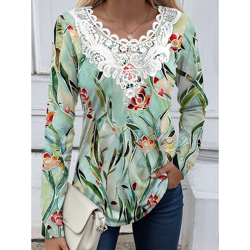 Women's Blouse Tunic Lace Splicing V Neck Long Sleeve Floral Graphic Plants Vintage Casual Crew Neck Regular Tops Daily Going out Weekend Lace Patchwork Print Blue Purple Green Rose Pink Spring Fall