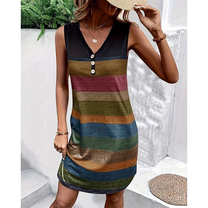Women's Mini Dress Casual Dress Summer Dress Fashion Modern Daily Beach Weekend Regular Fit Color Block Sleeveless V Neck Rainbow Spring Fall2