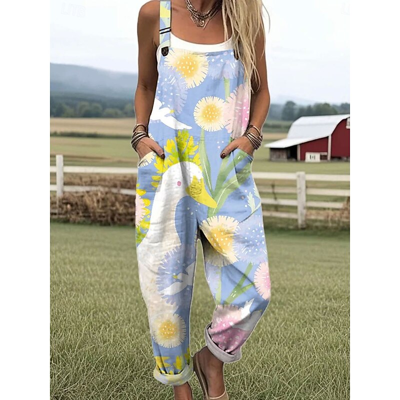 Women's Dungarees Active Graphic Sleeveless Straight Vacation Street Loose Fit Pink Blue Green Summer4