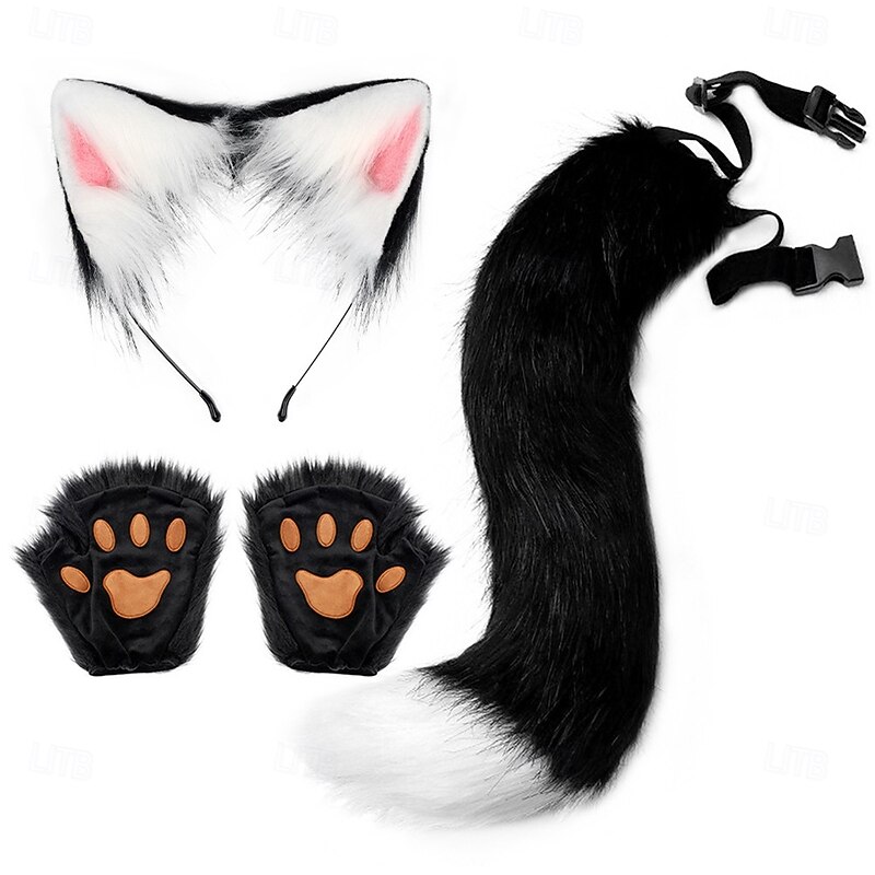 Handmade Cat Ears Headband and Cat Paw Gloves Set – Realistic Cosplay Accessories, Animal Ears, Fingerless Gloves for Halloween, Party, and Performance