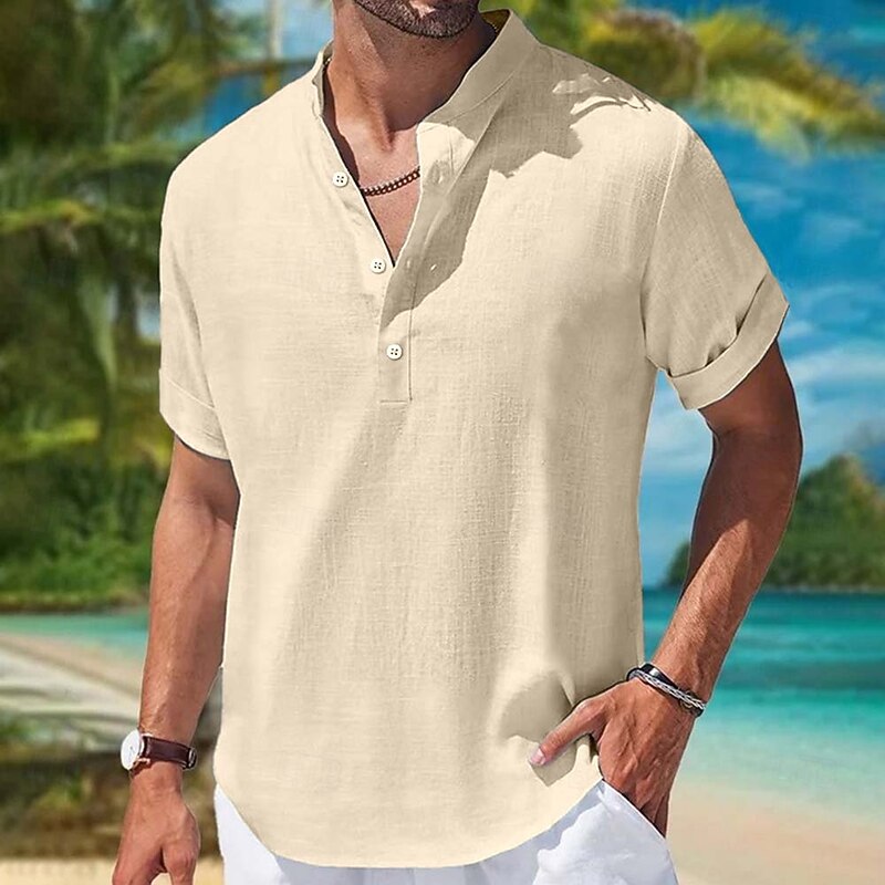 Men's Shirt Linen Shirt Summer Shirt Beach Wear Plain Vacation Casual Blue Green Khaki Short Sleeve Mandarin Collar Summer Spring & Summer Clothing Apparel Color Block3