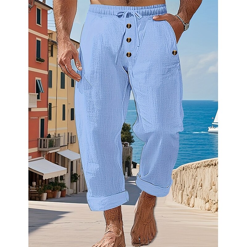Men's Linen Pants Trousers Summer Pants Baggy Pants Beach Pants Elastic Waist Drawstring Buttons Plain Comfort Breathable Full Length Outdoor Casual Daily Vacation Fashion Black Blue Inelastic3
