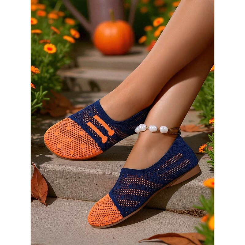 Women's Orange Flyknit Flats – Breathable Slip-On Shoes for Halloween, Fall Festivals and Casual Daily Looks4