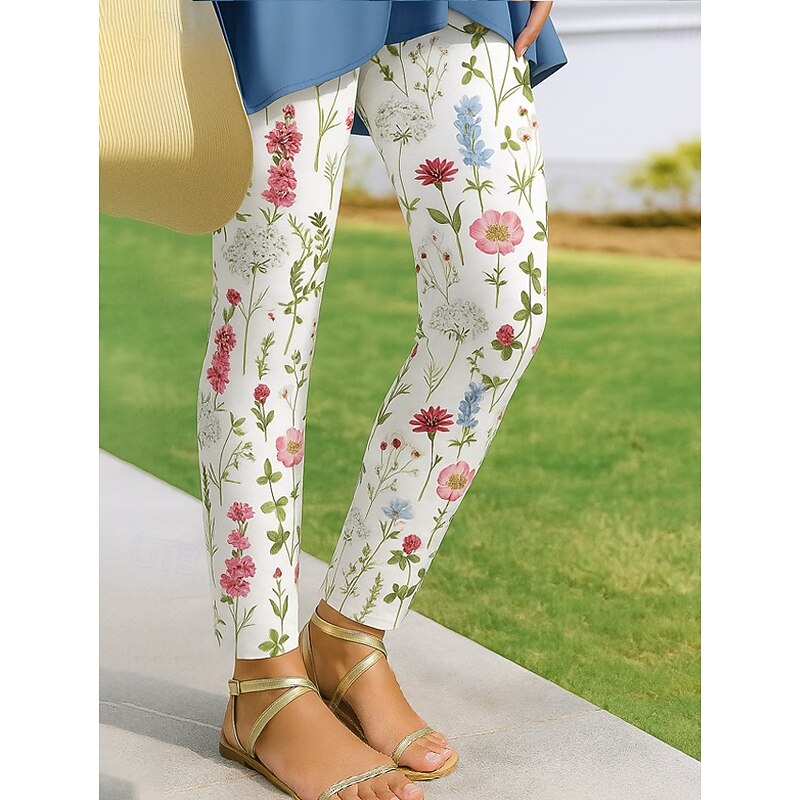 Women's Leggings Vacation Vintage Ethnic Style Ankle-Length High Waist Floral Graphic 3D Print Quick Dry Breathability Soft High Elasticity Outdoor Home Causal White Pink Red Blue Spring Fall Slim Fit