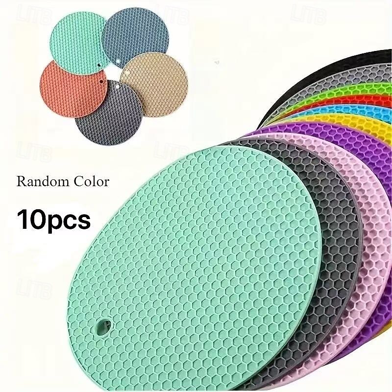 10pcs Multifunctional Round Heat-Resistant Silicone Mats, Non-Slip Coasters and Trivets, Table Protectors for Kitchen, Dining, Picnic, Random Colors3
