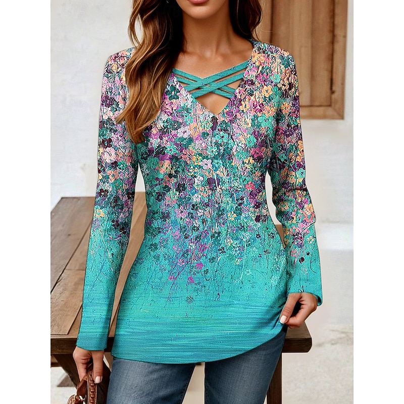 Women's T Shirt Ombre Floral Graphic Vintage Stylish Classic Long Sleeve V Neck Regular Tops Daily Cut Out Print Green Spring Fall