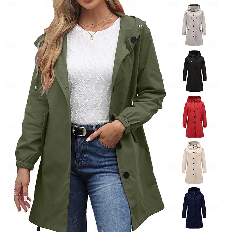 Women's Coat Waterproof Comfortable Pocket Buttons Fashion Street Style Plain Outdoor Casual Daily Long Hooded Regular Fit Long Sleeve Outerwear Black Red Khaki Fall Winter