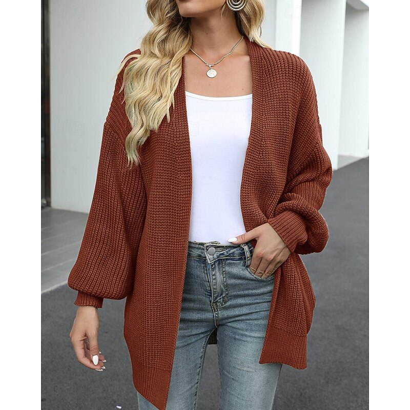 Women's Sweater Cardigan Fashion Streetwear Daily Solid Color Ribbed Open Front Knitted Long Sleeve Regular Tops Knit Holiday Going out Weekend Black Khaki Fall Winter4